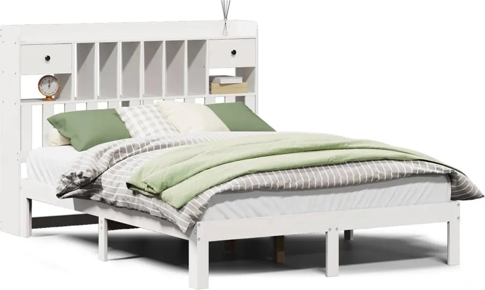 vidaXL Pat cu bibliotecă fără saltea, alb, 140x190 cm, lemn masiv pin