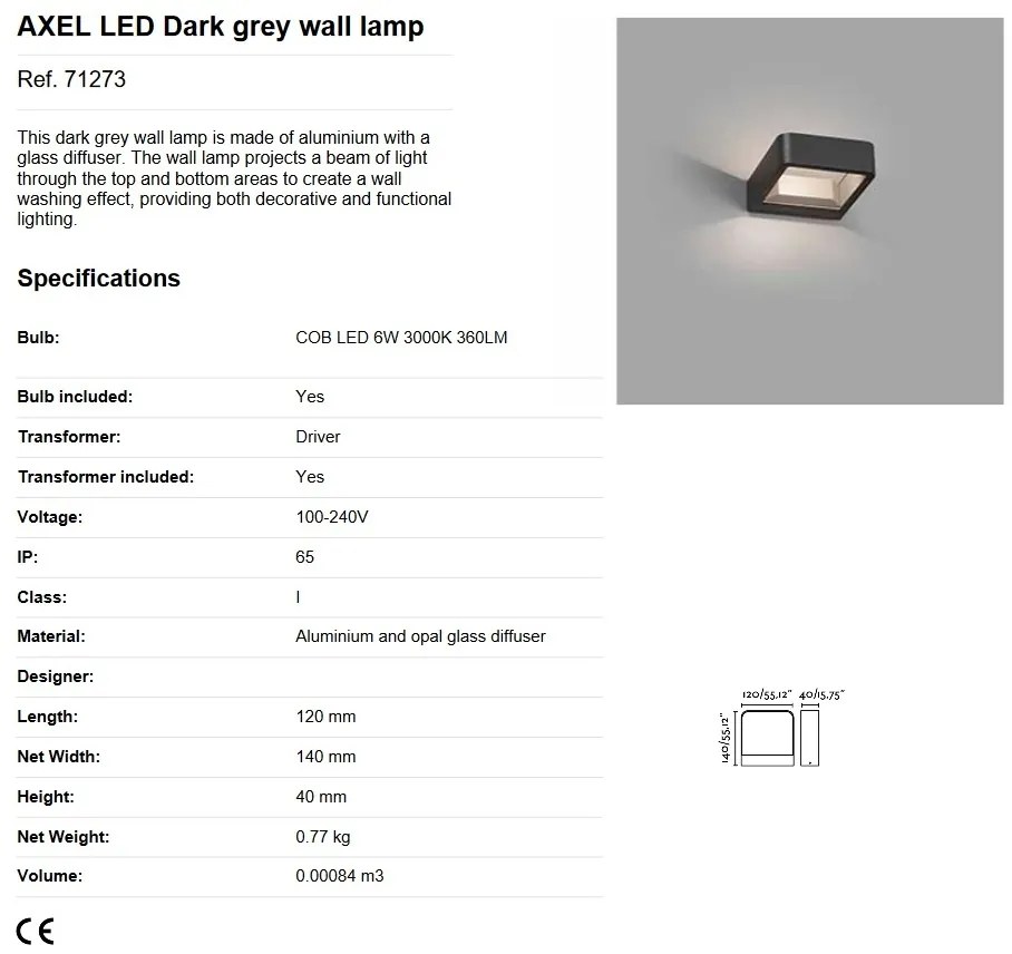 Aplica perete LED de exterior ambientala IP65 AXEL gri