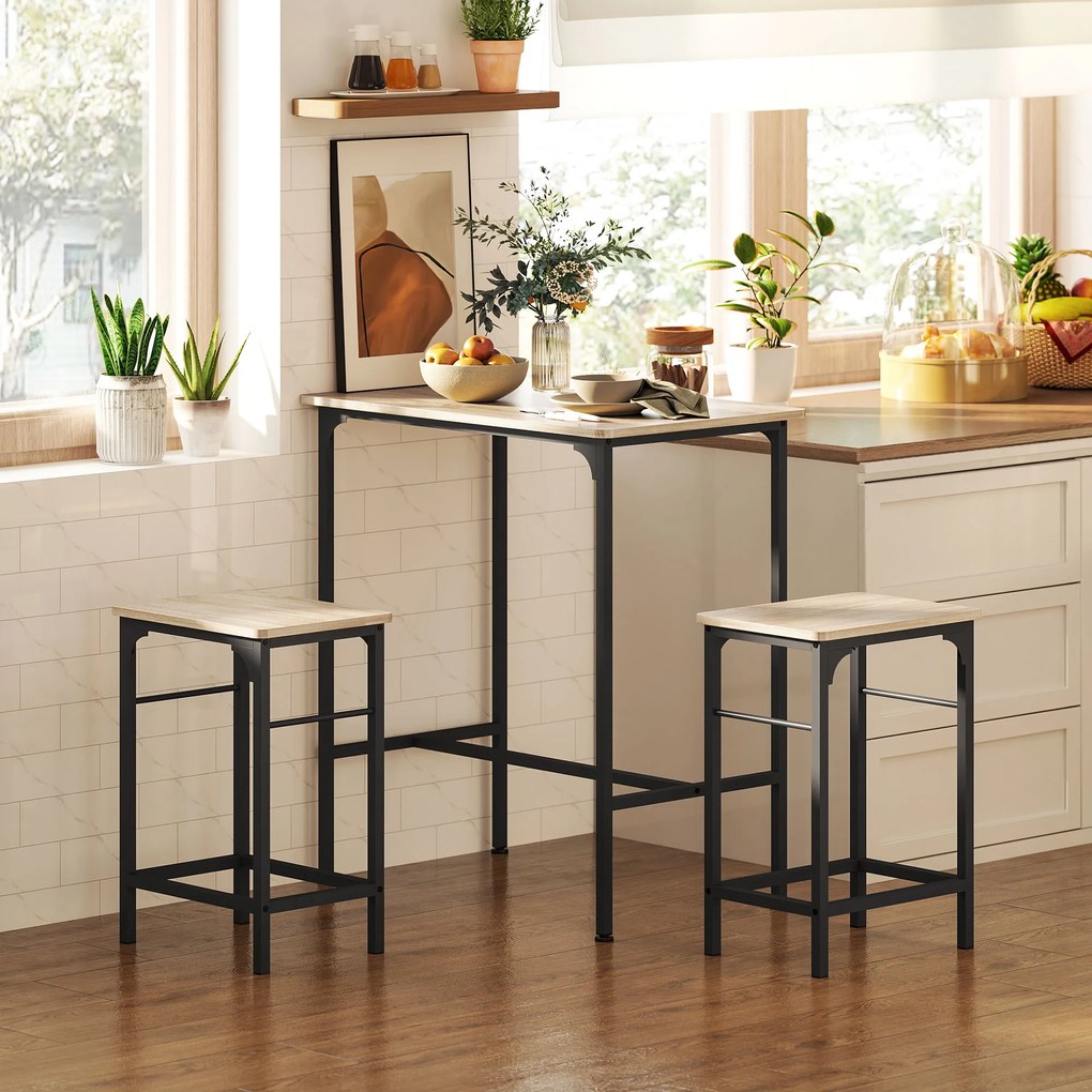 HOMCOM Set Mobilier Bar 3 Piese cu Masă de Bucătărie și 2 Scaune de Bar, Negru și Lemn | Aosom Romania