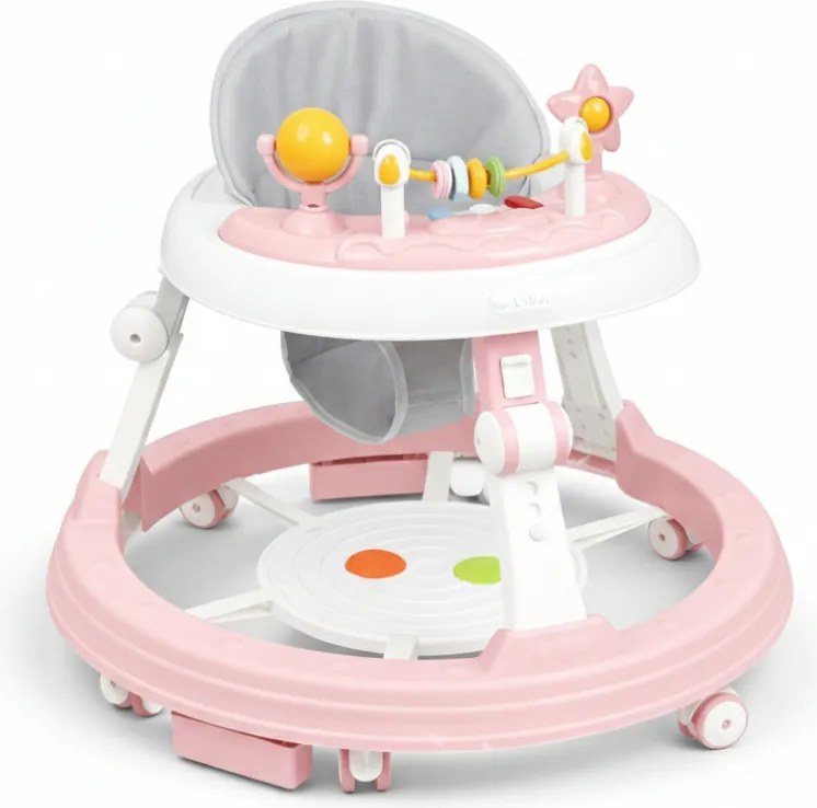 Premergator multifunctional Kidizi Pippa roz pentru fetite, cu panou interactiv pentru picioare, tavita muzicala detasabila si inaltime reglabila pe 3 niveluri