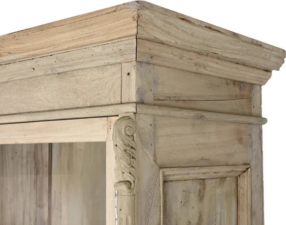 Vitrină rustică din lemn reciclat, natur, cu 2 uși vitrate, 3 rafturi și console sculptate, finisaj natural, 209 x 130 x 55 cm, „Pastel”