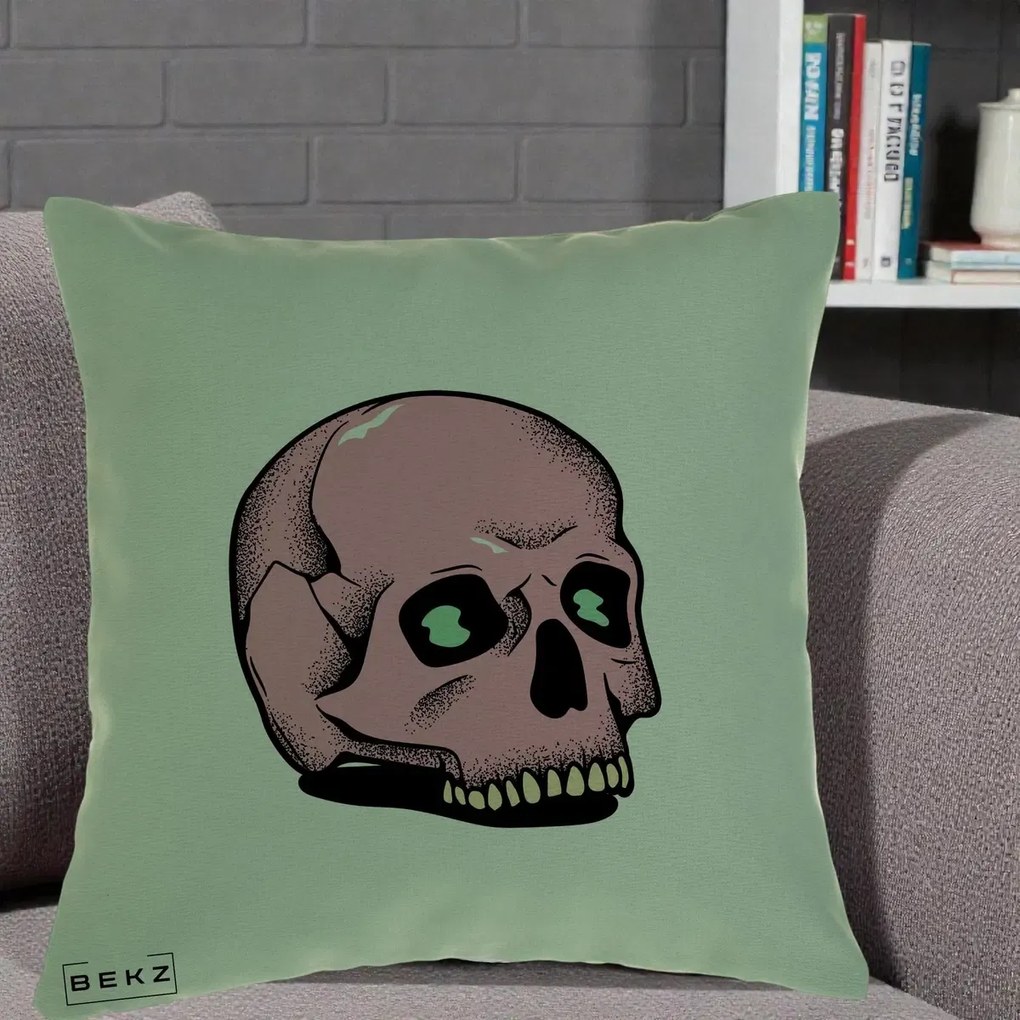 Perna Decorativa Craniu Roz Tatoo Art Halloween, 40x40 cm, Verde, Husa Detasabila, Perna Inclusa, BEKZ®