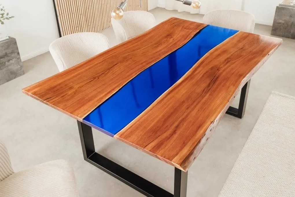 Masa din lemn de salcam cu rasina epoxidica albastra LIQUID 160cm