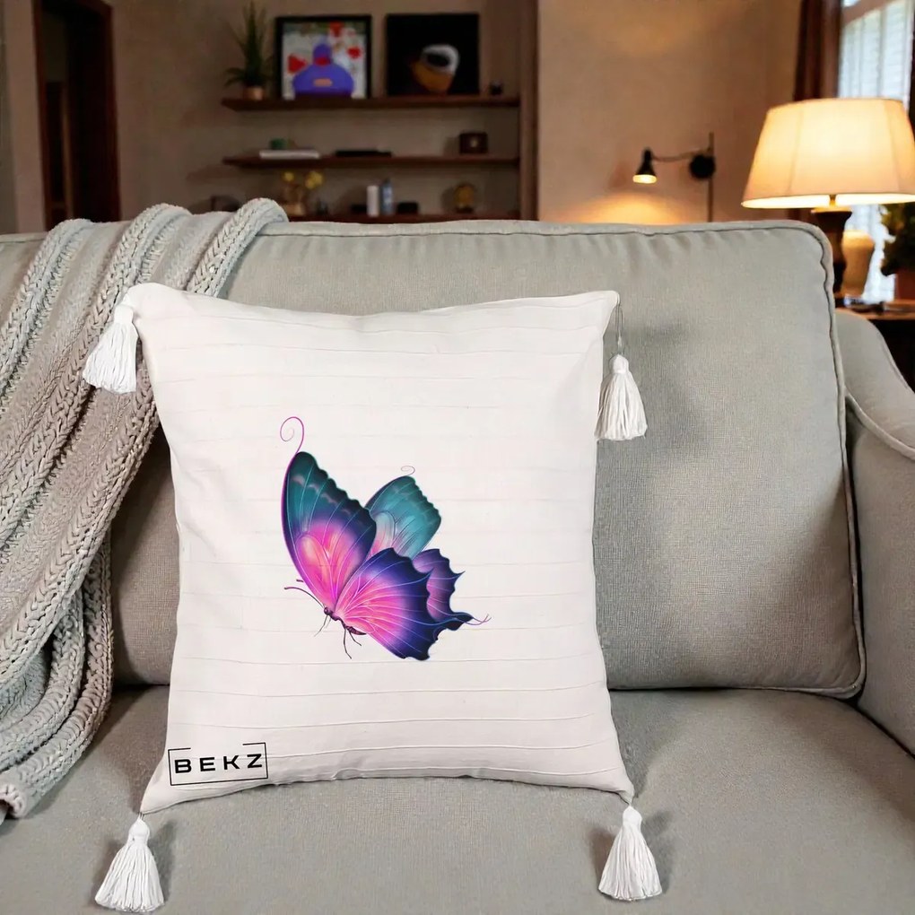 Perna Decorativa Fluture Neon, 40x40 cm, Bej cu Franjuri, Husa Detasabila, Perna Inclusa, BEKZ®