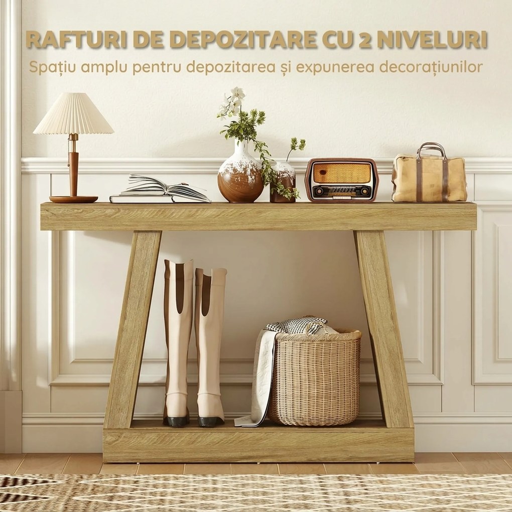 HOMCOM Masă Consolă 140 cm, Retro Canapea cu Spațiu de Depozitare, Stejar. | Aosom Romania