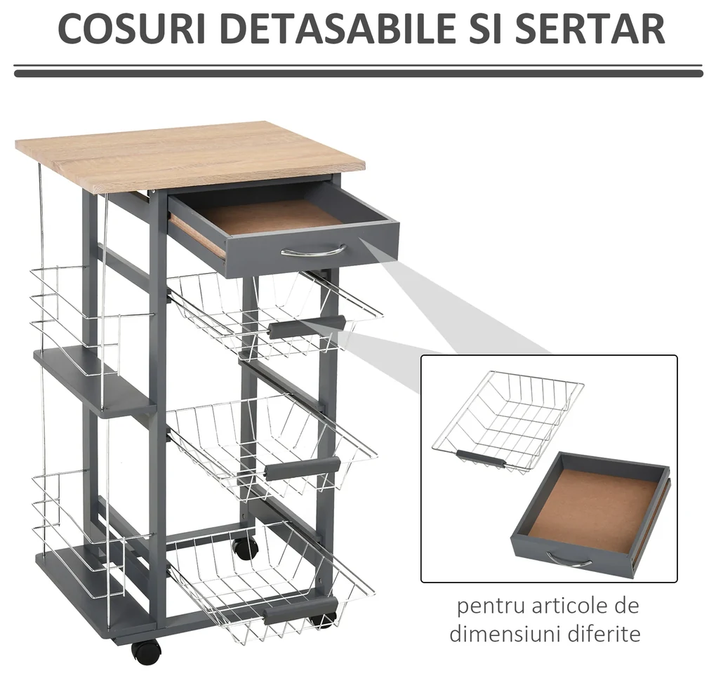 HOMCOM Carucior Bucatarie Multifunctional cu 3 Sertare Detasabile 2 Suporturi Sticle Lemn de Pin Metal 47x37x83cm Stejar Gri | Aosom Romania
