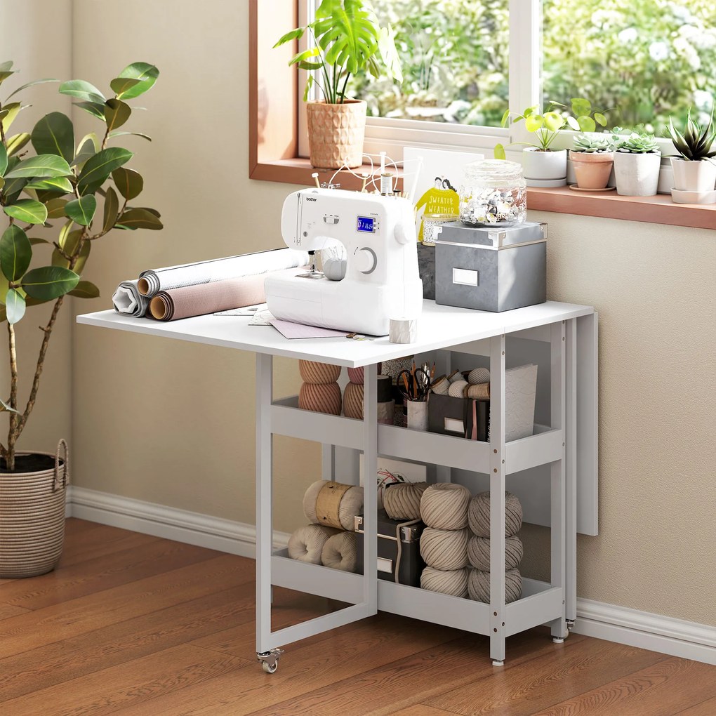 HOMCOM Masă Pliabilă cu 2 Blaturi Rabatabile pentru 4 Persoane cu 2 Rafturi Deschise, Gri | Aosom Romania