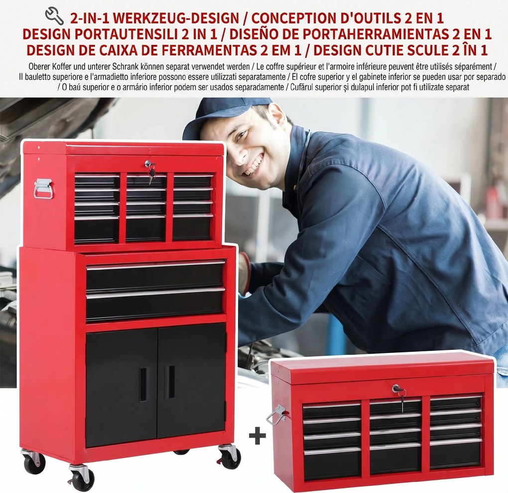 HOMCOM Cutie pentru Unelte pe Roți cu 6 Sertare, 2 în 1, Dulap Spațios cu Încuietoare, Metal, Roșu | Aosom Romania