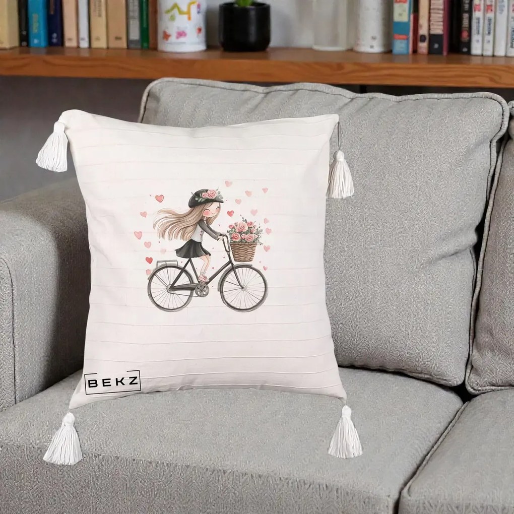 Perna Decorativa Fetita Kawaii pe Bicicleta cu Trandafiri si Inimioare, 40x40 cm, Bej cu Franjuri, Husa Detasabila, Perna Inclusa, BEKZ®