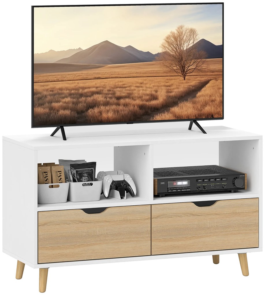HOMCOM TV-bench, TV-kommod cu sertare, rafturi deschise, lemn, 99 x 39 x 58 cm, Alb | Aosom Romania