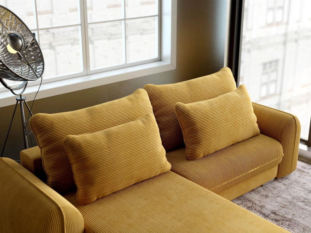 Colțar extensibil dumonde cu ladă de depozitare si sezut confortabil din spuma high-density, Denver Zoom Mustar 275x185 cm