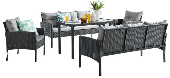 Set de gradina din ratan, 5 piese, negru / gri, LERON