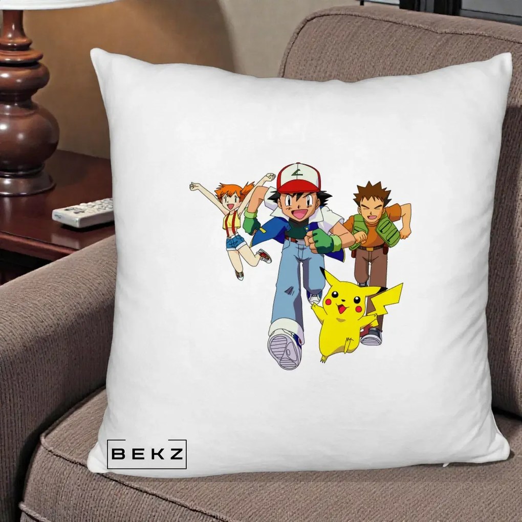 Perna Personalizata Pokemon Ash Misty Brock si Pikachu, 40x40 cm, Alb Pufos, Husa Detasabila, Perna Inclusa, BEKZ®