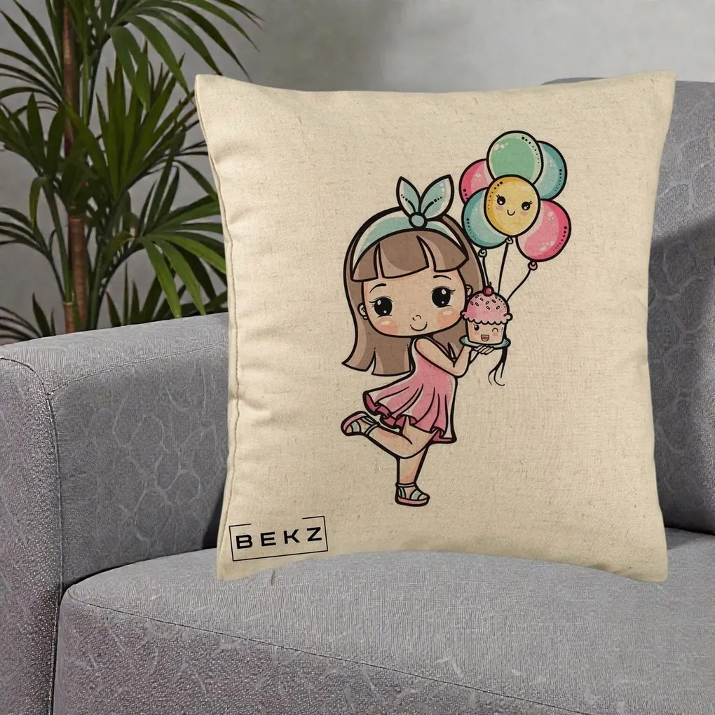 Perna Decorativa Fetita Kawaii cu Baloane si Cupcake, 40x40 cm, Bej, Husa Detasabila, Perna Inclusa, BEKZ®