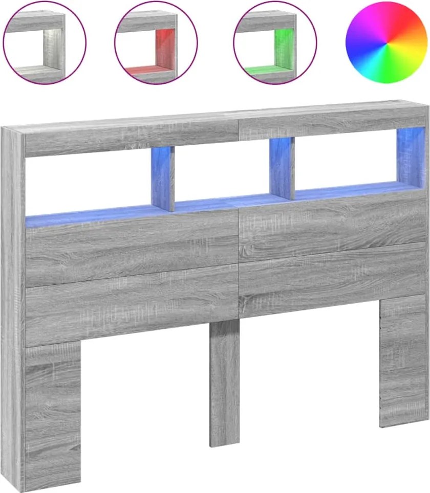 vidaXL Tăblie de pat cu dulap și LED, gri sonoma, 140x17x102 cm