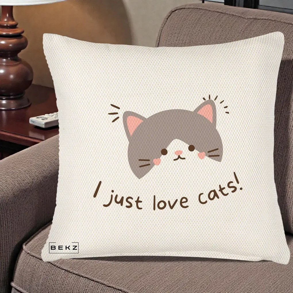 Perna Personalizata I Just Love Cats Pisica Kawaii, 40x40 cm, Crem Reliefat, Husa Detasabila, Perna Inclusa, BEKZ®