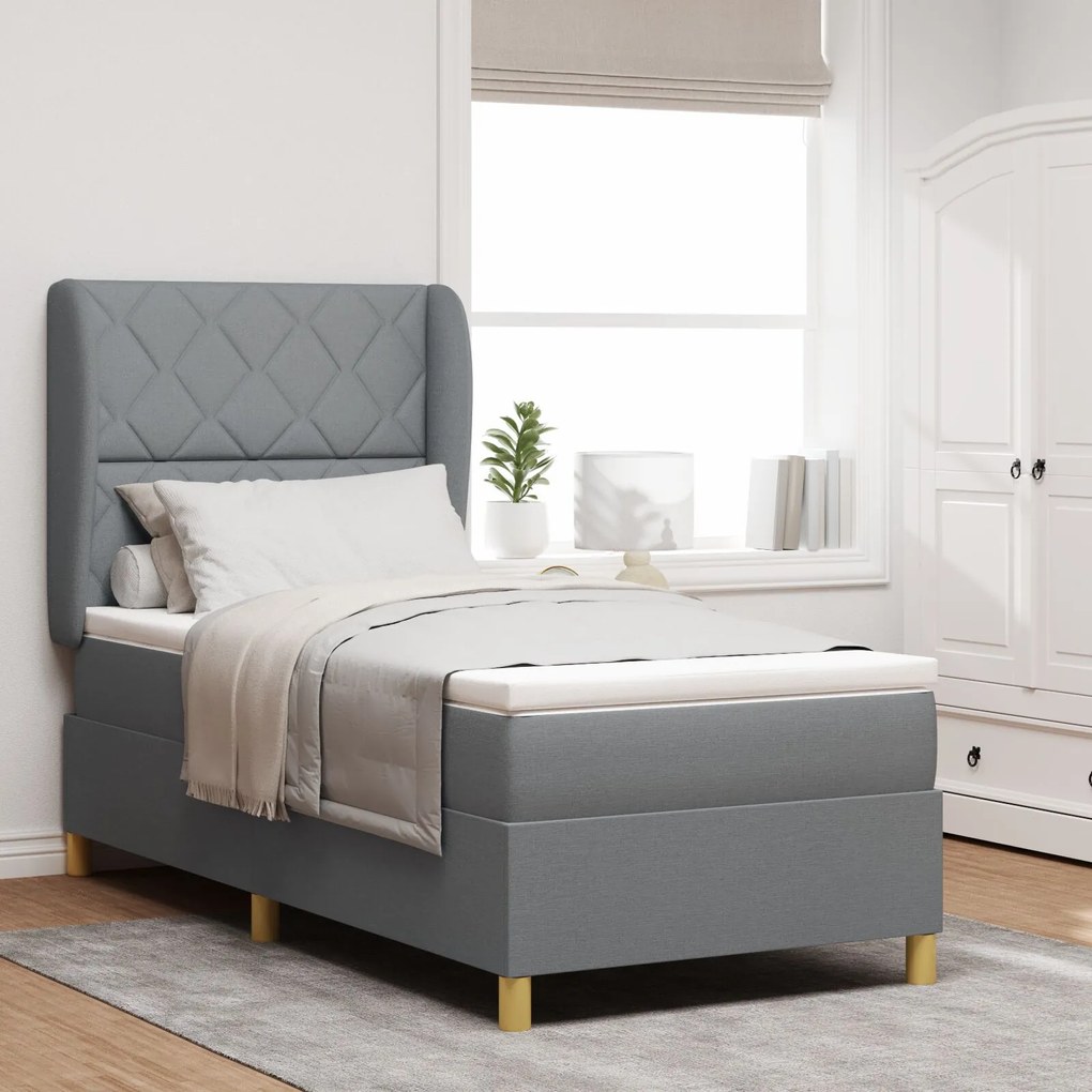 vidaXL Pat box spring cu saltea, gri deschis, 90x200 cm, textil