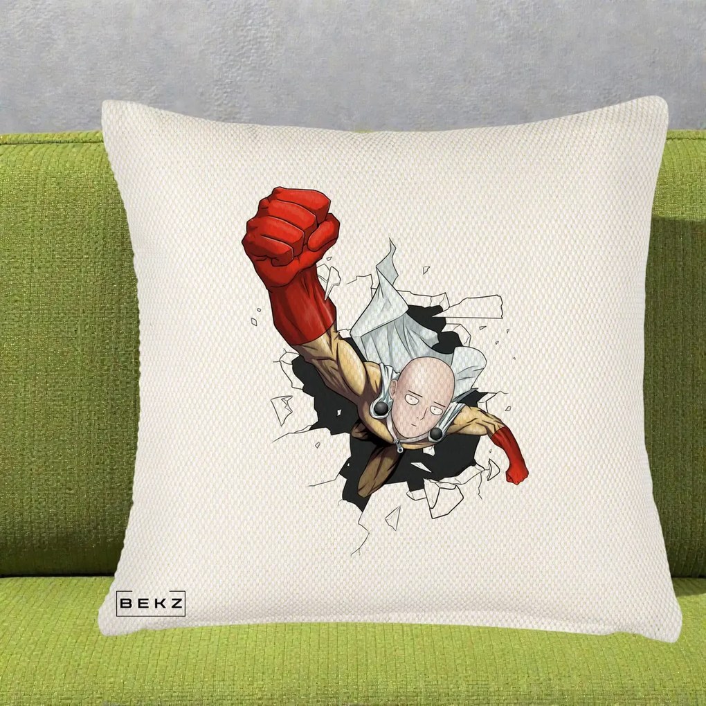 Perna Personalizata One Punch Man Saitama Pumn, 40x40 cm, Crem Reliefat, Husa Detasabila, Perna Inclusa, BEKZ®