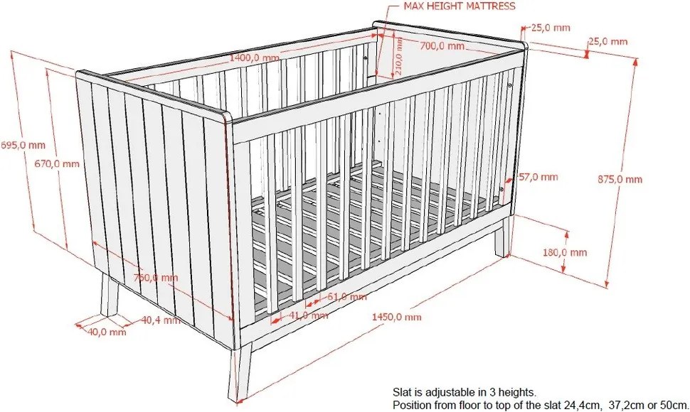 Pătuț bej din lemn de pin cu latură detașabilă/cu înălțime reglabilă 70x140 cm Sezane – Vipack