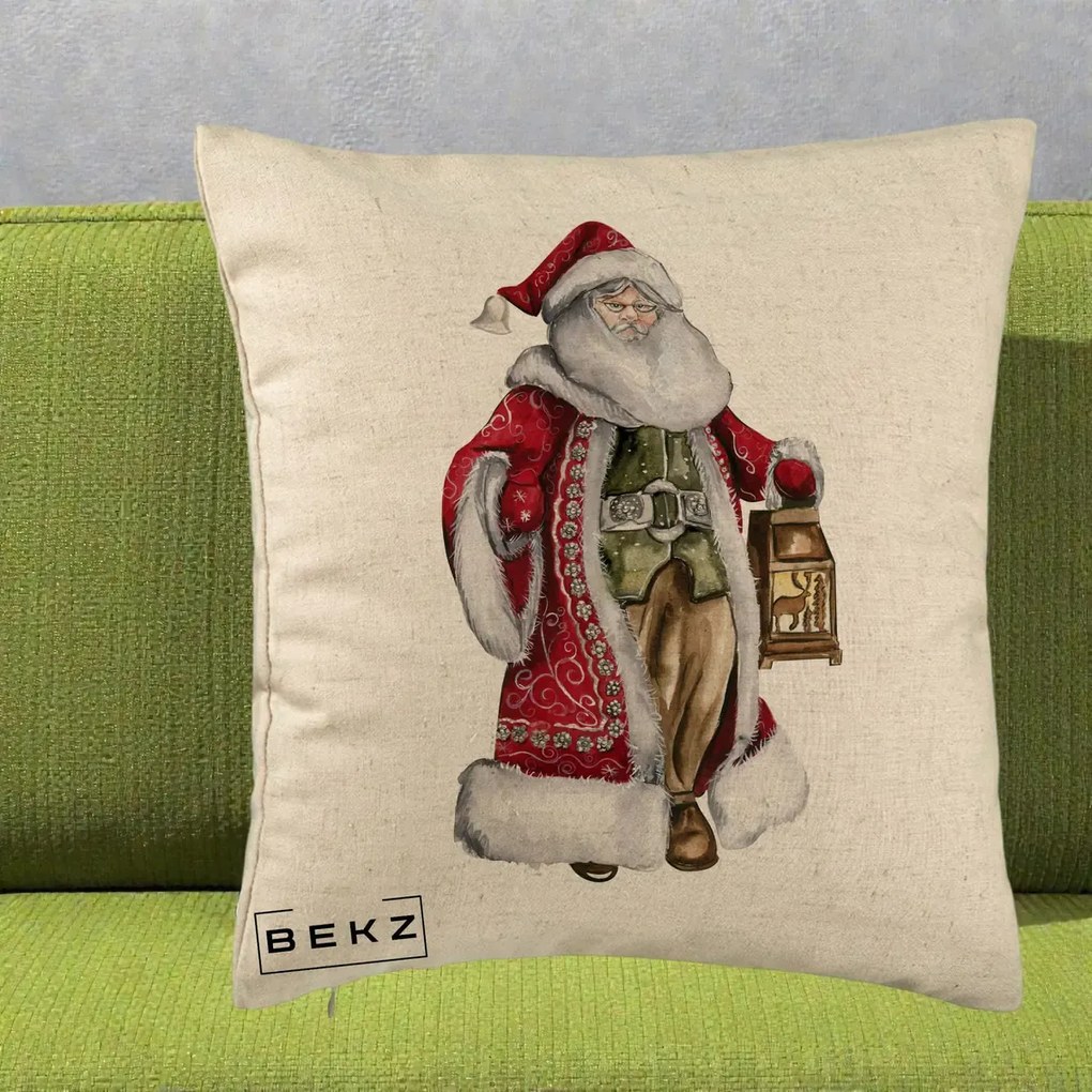 Perna Decorativa Mos Craciun Vintage cu Felinar, 40x40 cm, Bej, Husa Detasabila, Perna Inclusa, BEKZ®