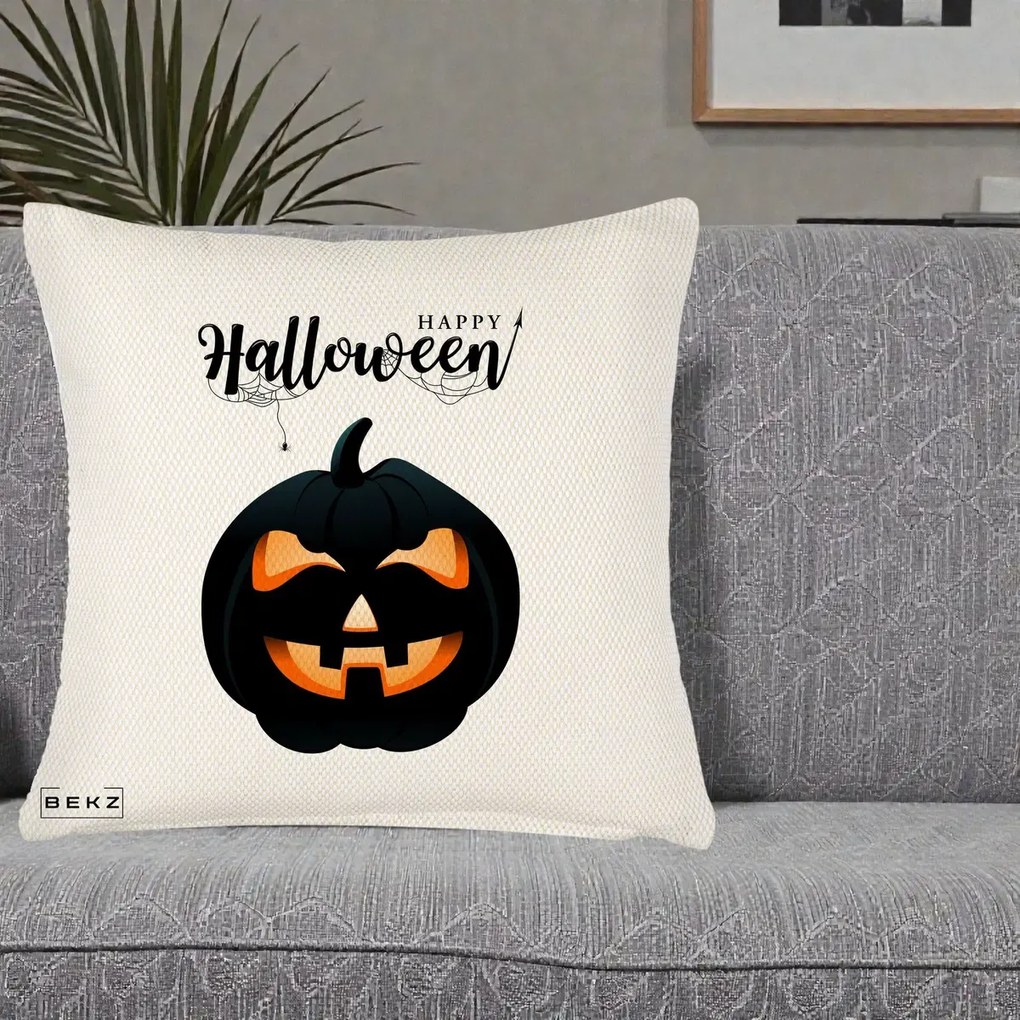 Perna Decorativa Happy Halloween Dovleac Negru cu Paianjen, 40x40 cm, Crem Reliefat, Husa Detasabila, Perna Inclusa, BEKZ®