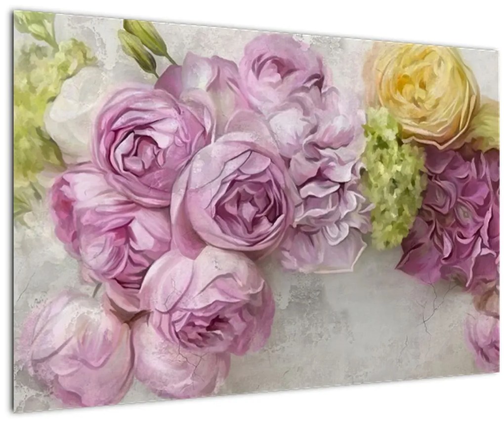 Tablou - Flori pe perete culorile pastel (90x60 cm)