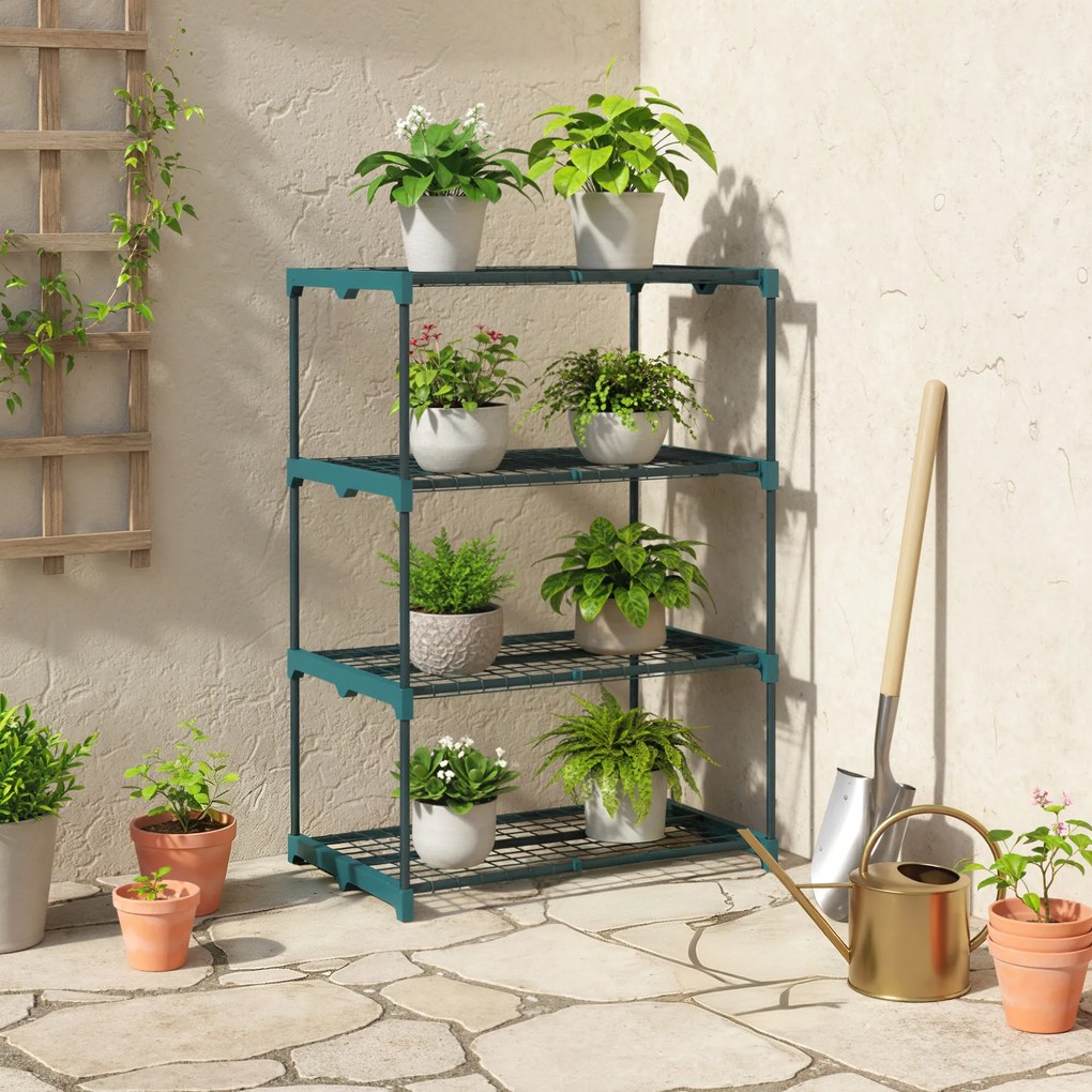 Outsunny Suport Vertical pentru Plante cu 4 Niveluri din Oțel și Plastic, Suport pentru Ghivece de Interior și Exterior, Grădină, Balcon, 67x49x105 cm, Verde Închis | Aosom Romania