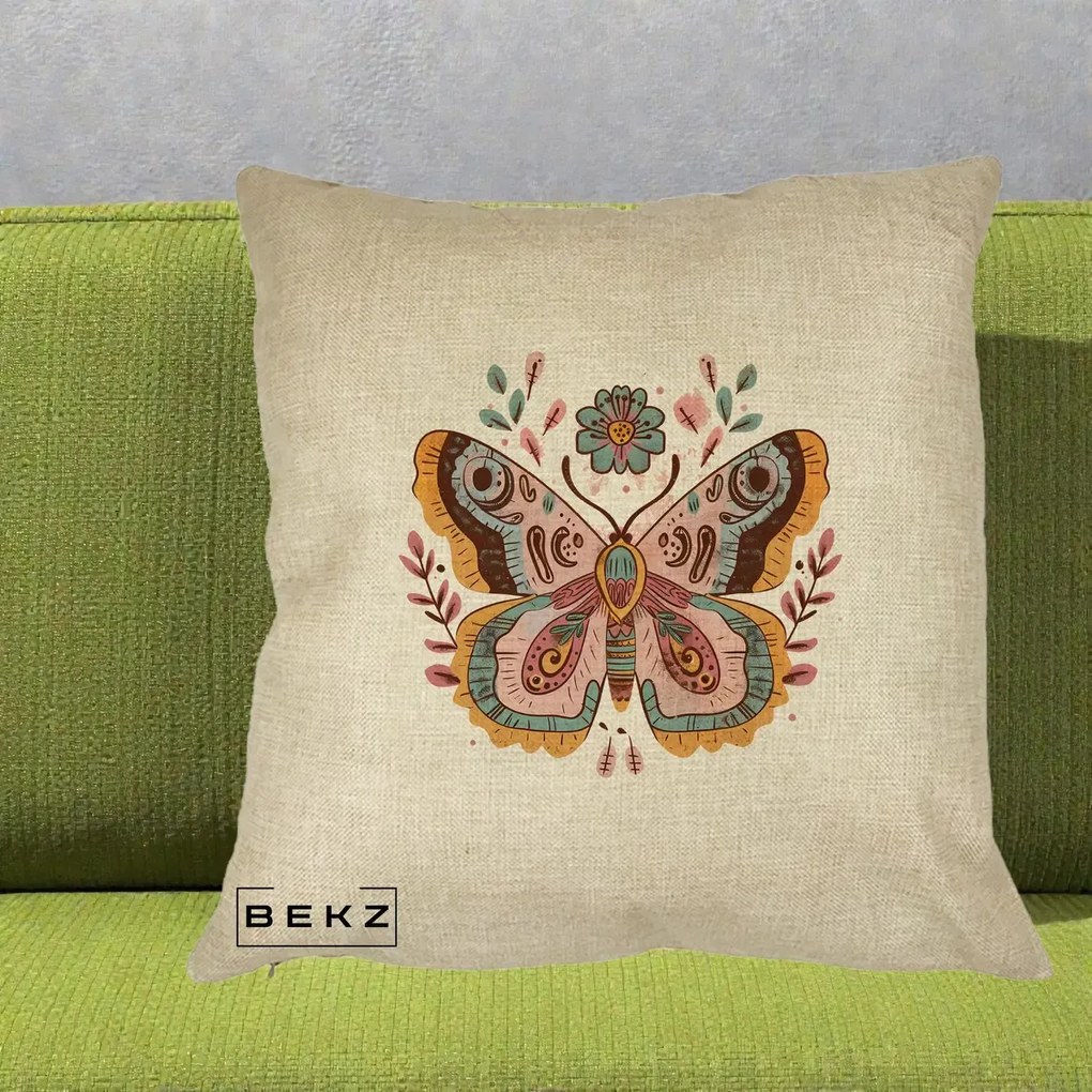 Perna Decorativa Fluture Boho Floral, 40x40 cm, Crem, Husa Detasabila, Perna Inclusa, BEKZ®