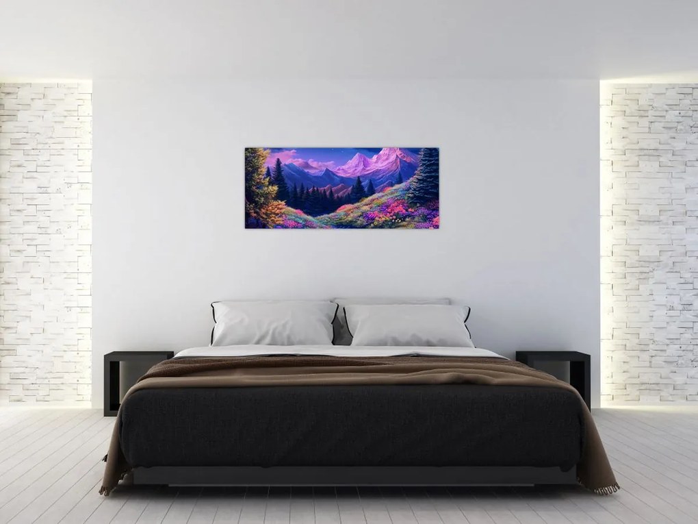 Tablou - Peisaj violet la lună plină (120x50 cm)