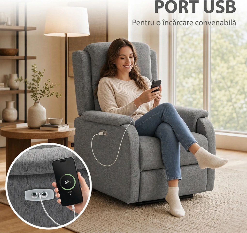 HOMCOM Fotoliu Relax Electric Reclinabil cu Port USB, Gri Închis | Aosom Romania