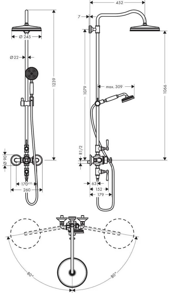 Coloana de dus crom cu baterie termostatata si palarie rotunda Hansgrohe Axor Montreux 240