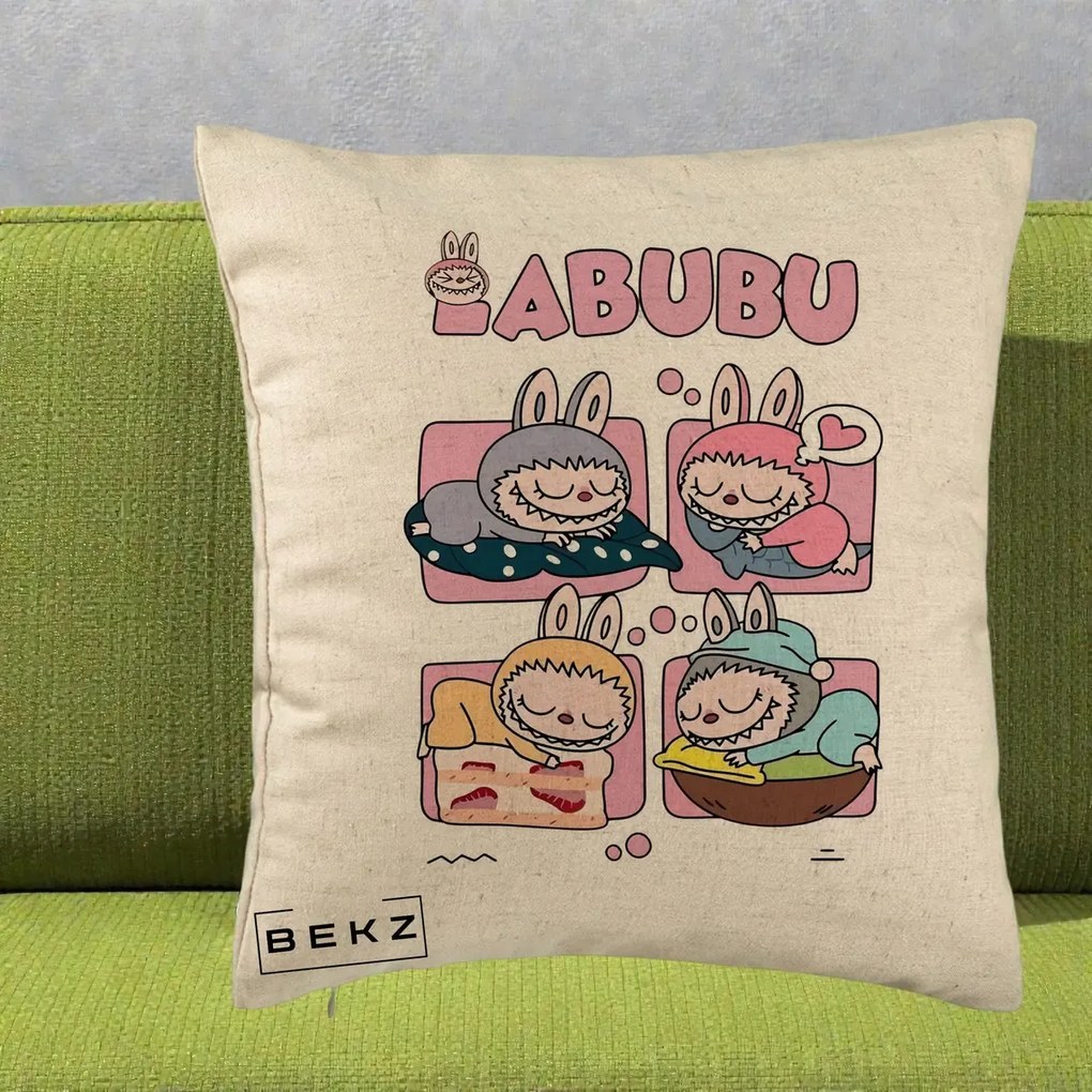 Perna Personalizata Labubu Sleeping Quad Grid, 40x40 cm, Bej, Husa Detasabila, Perna Inclusa, BEKZ®