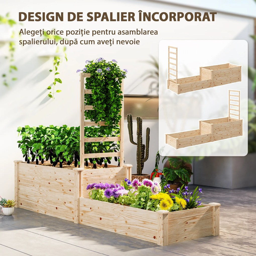Outsunny Pat Înălțat pentru Grădină cu Grilaj, Bază Deschisă și 2 Despărțitoare, 222x63x132 cm, Lemn Natural | Aosom Romania