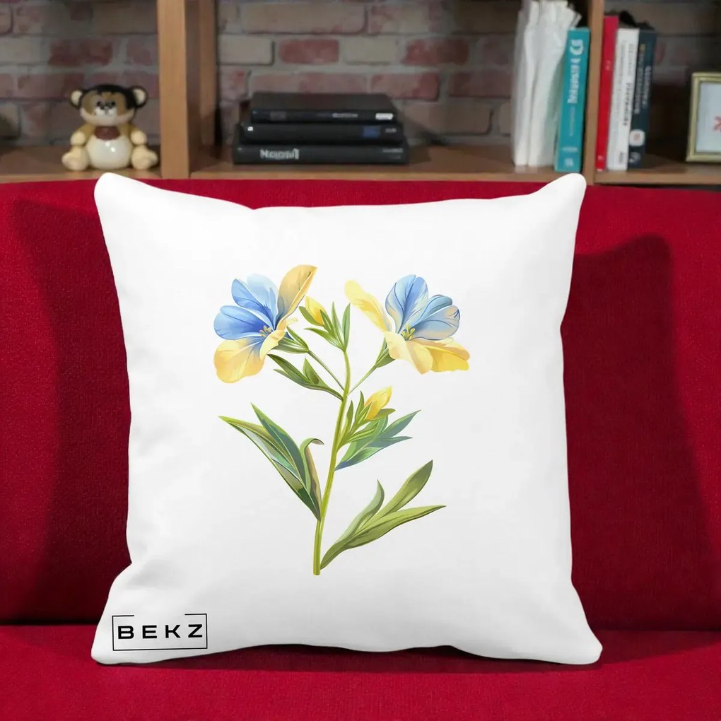 Perna Decorativa Botanica Frezie Galbena si Albastra, 40x40 cm, Alba Mata, Husa Detasabila, Perna Inclusa, BEKZ®