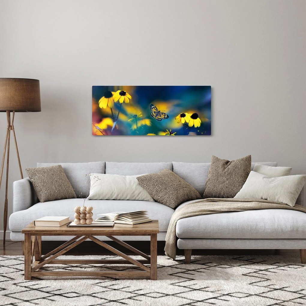 Tablou - Fluture galben și flori (120x50 cm)