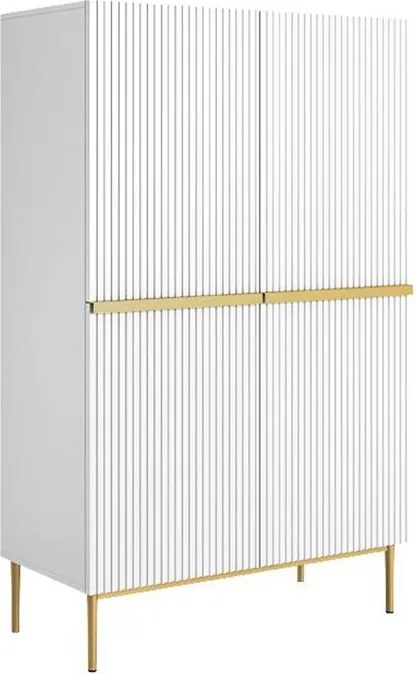 Comodă înaltă Nicole 100 cm cu două uși, fronturi cu riflaj - alb mat / picioare aurii