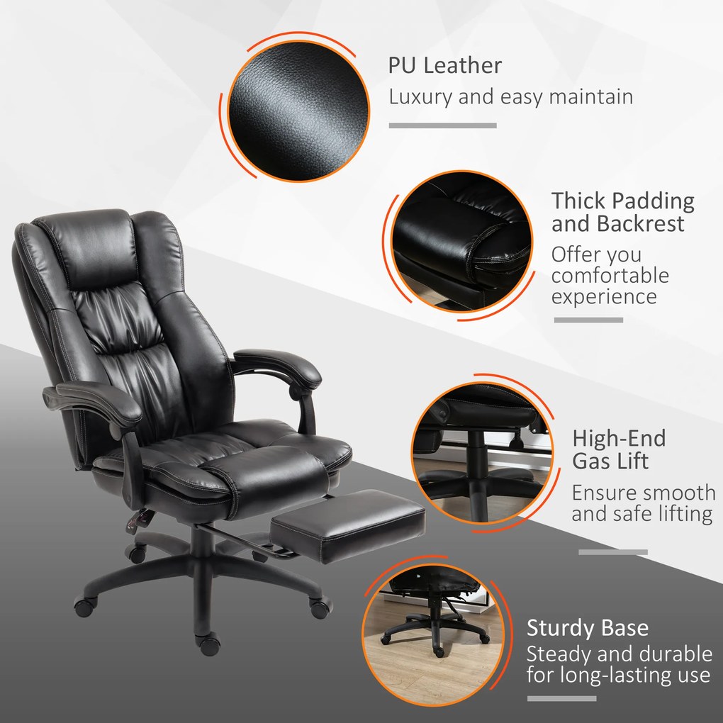 Vinsetto Scaun Birou cu Masaj, Înclinare, Piele Artificială, Negru, 68.5x68.5x119-127cm, Confort Sporit | Aosom Romania