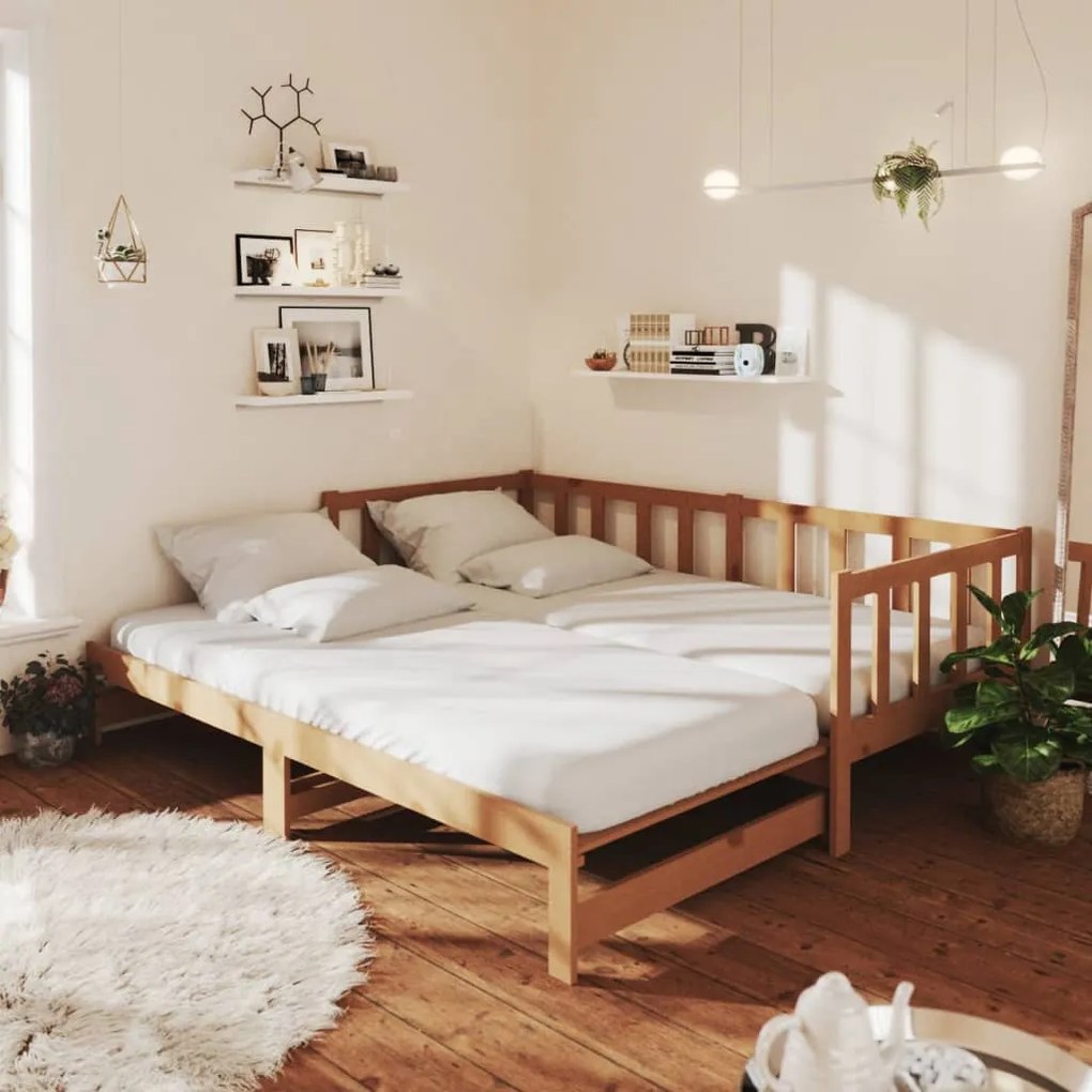 806963 vidaXL Pat extensibil de zi, maro miere, 2x(90x200) cm lemn masiv pin