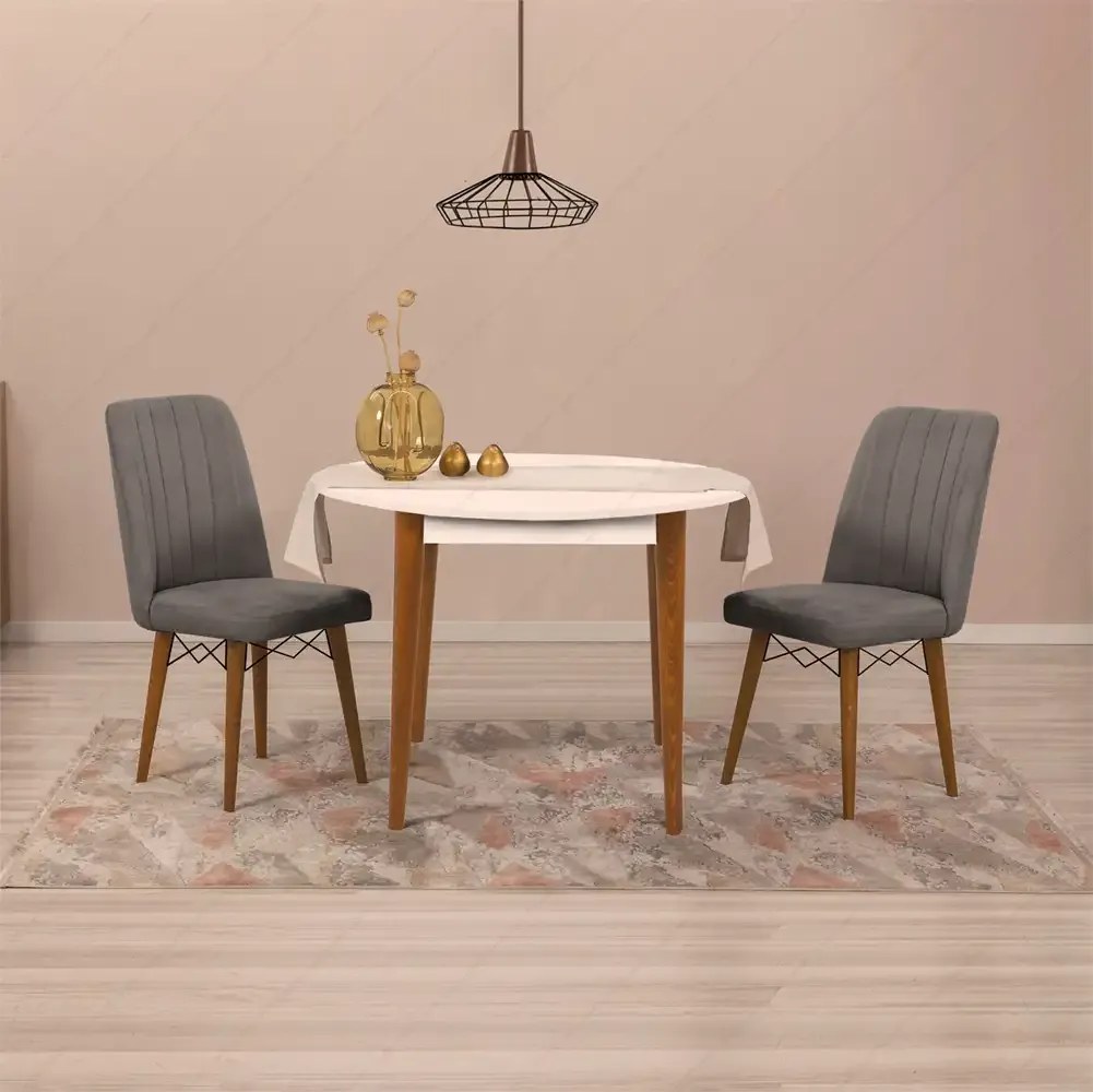 Set masa rotunda cu 2 scaune bucatarie Brigitte, alb si maro