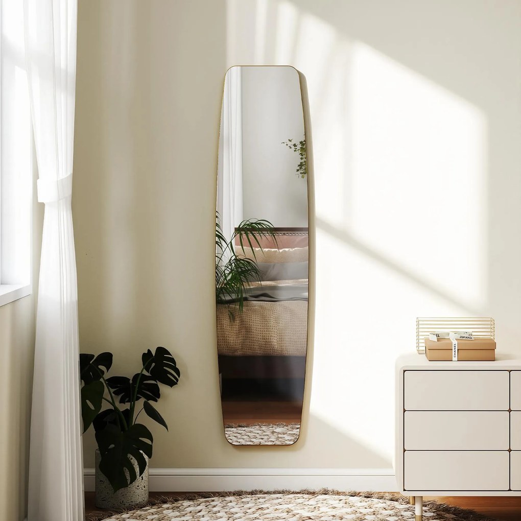 HOMCOM Oglindă mare de perete ovală 160 x 40 cm, oglindă suspendată modernă, cadru din metal și lemn, gata de agățat, auriu | Aosom Romania