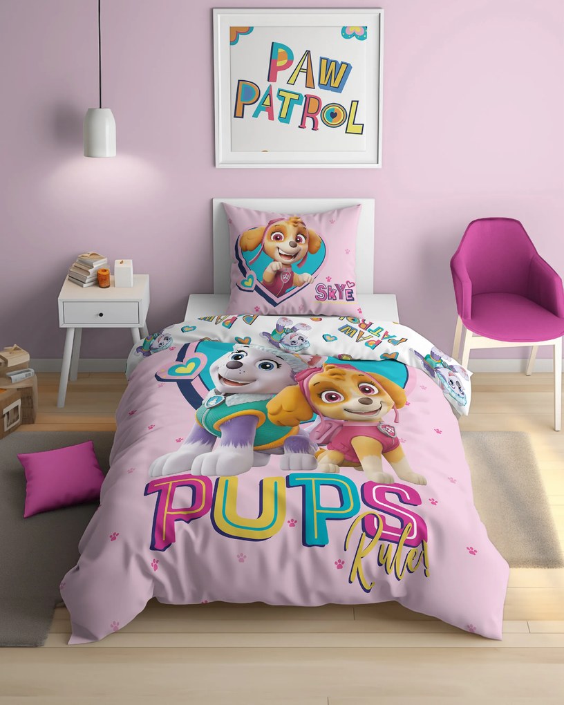 Lenjerie de pat luminoasa PAW PATROL Pups rule roz Dimensiune lenjerie de pat: 70 x 80 cm | 140 x 200 cm