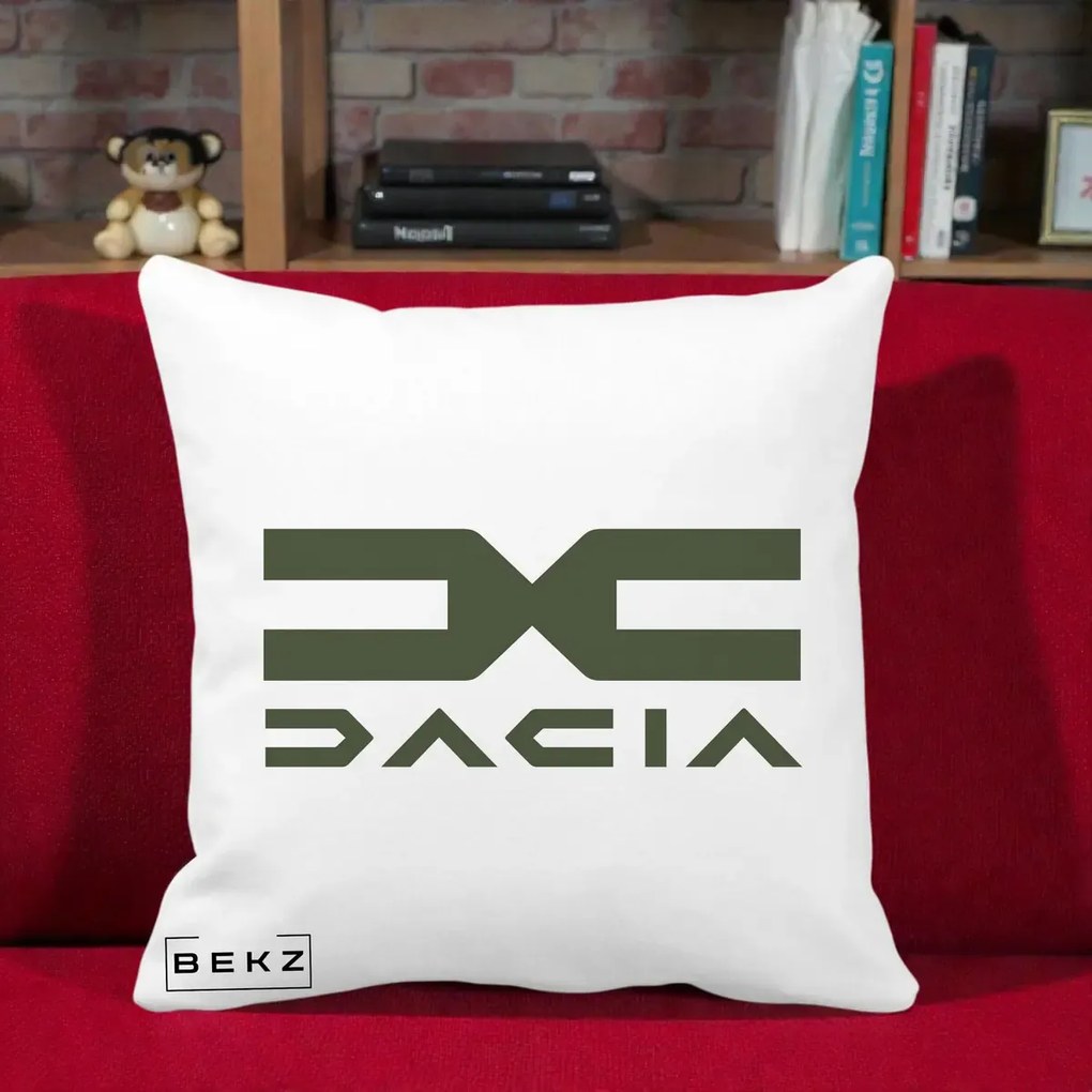 Perna Personalizata cu emblema Dacia, 40x40 cm, Alba Mata, Husa Detasabila, Perna Inclusa, BEKZ®