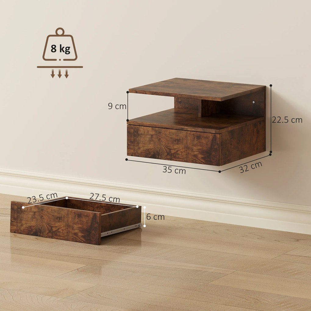 HOMCOM Set de 2 Noptiere Suspendate cu Sertar și Raft Deschis, 35x32x22.5 cm, Maro Rustic | Aosom Romania