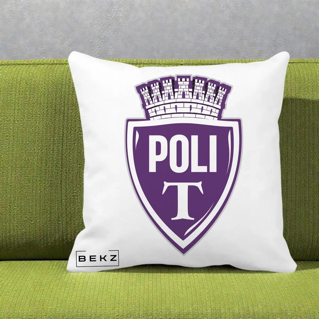 Perna Personalizata Poli Timisoara Fotbal, 40x40 cm, Alba Mata, Husa Detasabila, Perna Inclusa, BEKZ®