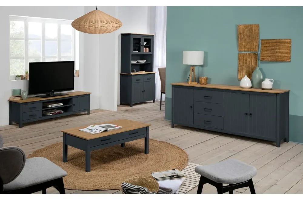 Comodă albastru-închis din lemn masiv de pin 190x80 cm Miranda – Marckeric