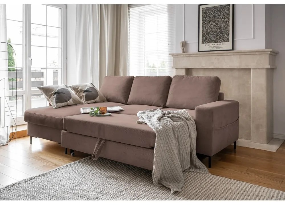 Colțar maro extensibil cu tapițerie din catifea reiată (cu colț pe partea stângă ) Lofty Lilly – Miuform