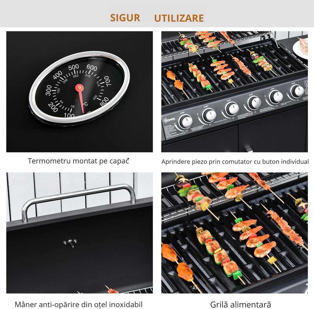 Gratar pe Gaz cu Capac Outsunny, 7 Arzatoare, Raft, 2 Roti, Negru 135x50x100cm | Aosom Romania