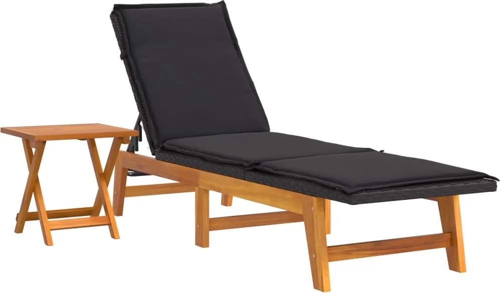 vidaXL Șezlong de plajă cu masă, poliratan și lemn masiv de acacia