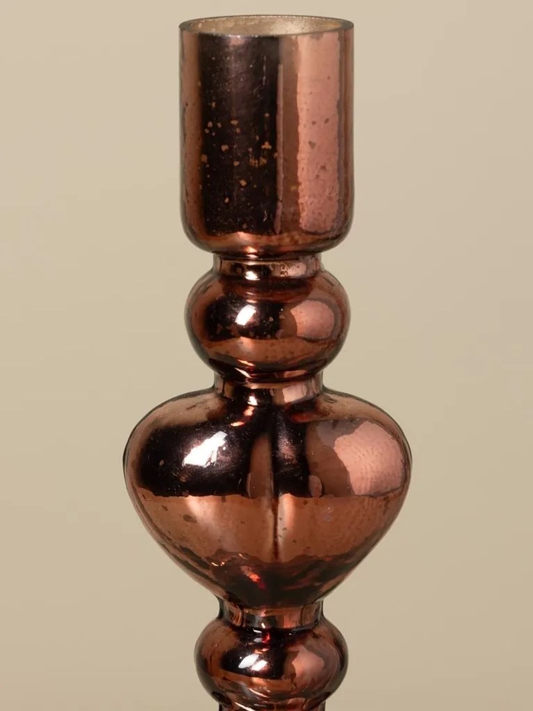 Sfeșnic din sticlă cu inimi sculptate suprapuse, maro-argintiu, finisaj lucios, 23×8 cm, „Cœur"