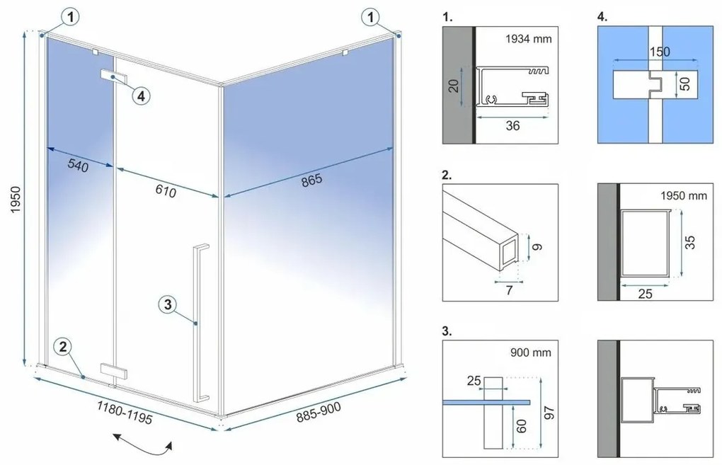 Cabina de dus dreptunghiulara Rea Fargo cu usa batanta 90x120 auriu